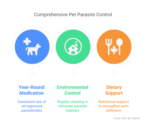 Dog parasite control: Year-round meds, environment, diet support.
